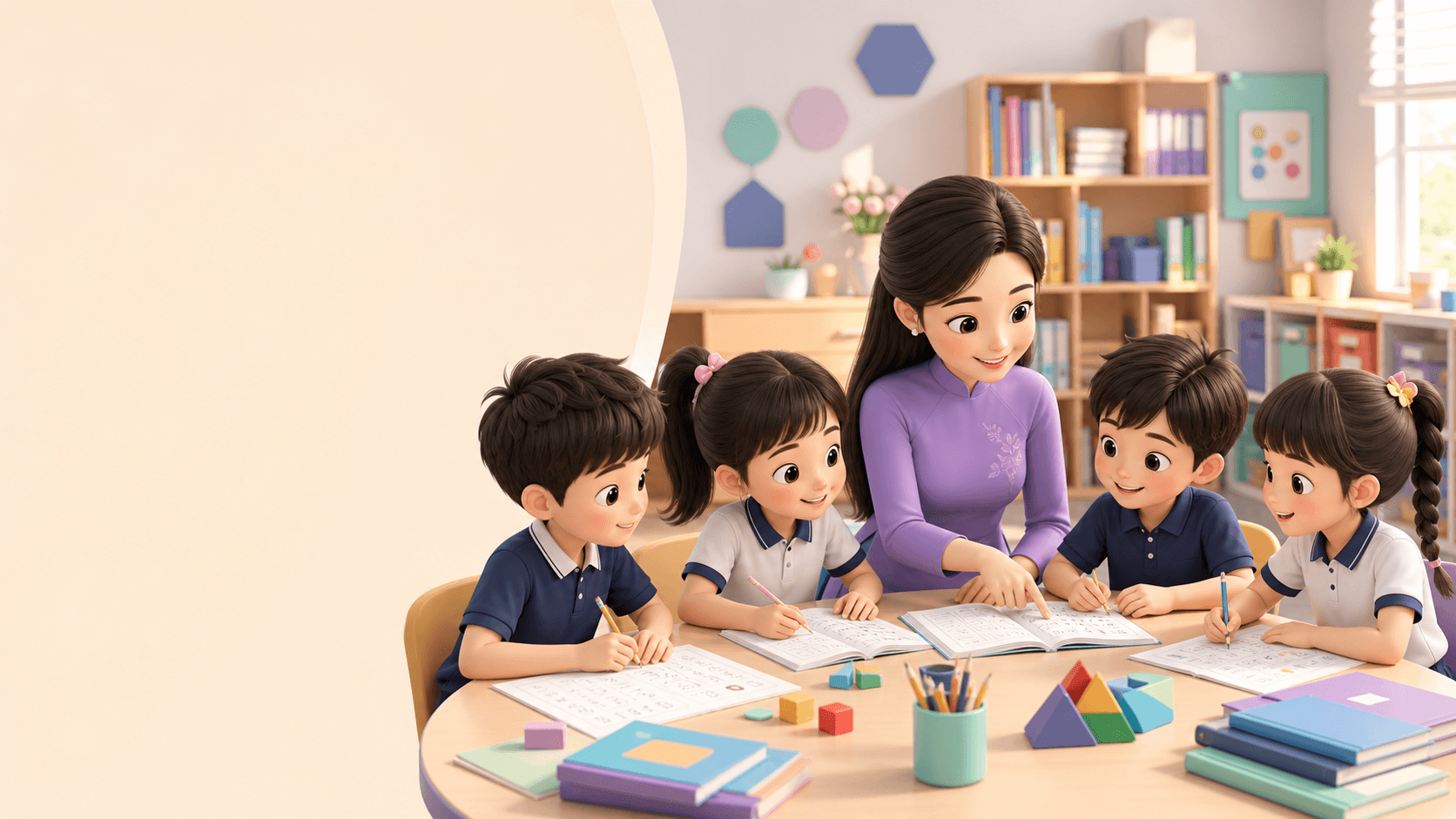 Giáo viên hướng dẫn học sinh tại trung tâm học tập