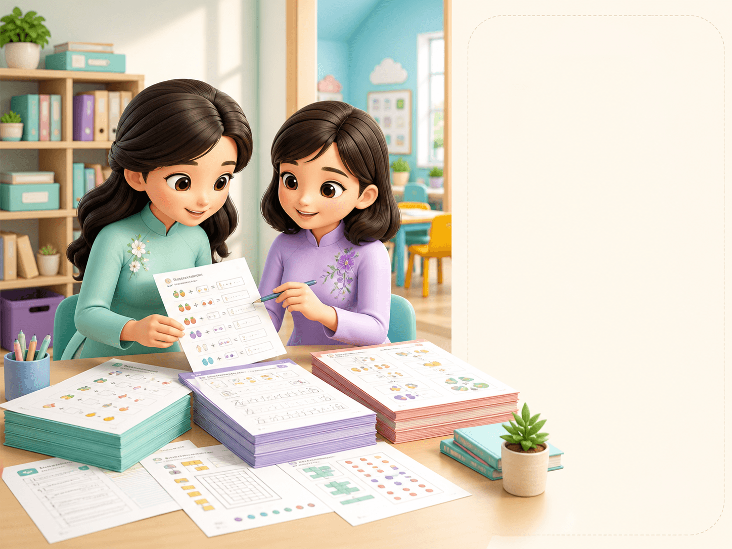 Giáo viên chuẩn bị kho phiếu học cho trung tâm